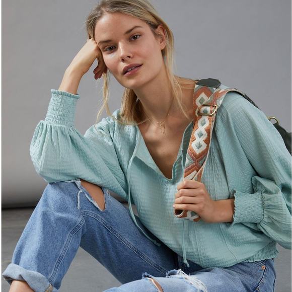 ANTHROPOLOGIE Rebecca Smocked Peasant Top Mint Green {3Q42} - Picture 1 of 4